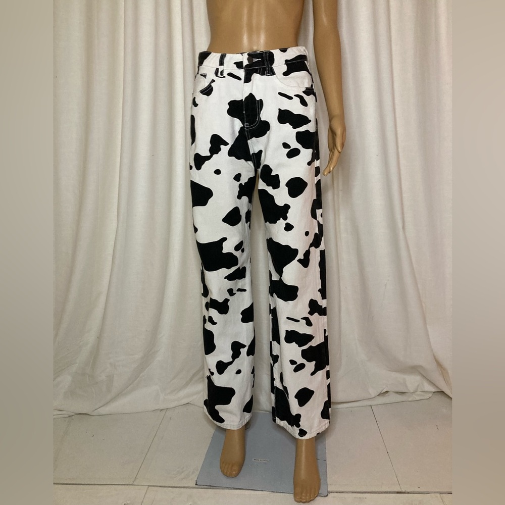 Cow print wide leg jeans black&white
